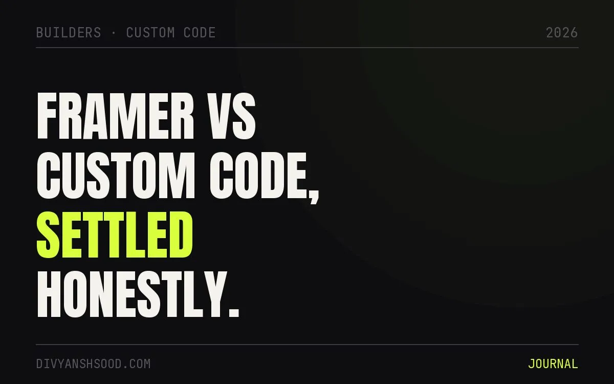 Title card reading “Framer vs custom code, settled honestly” in bold type on a near-black background
