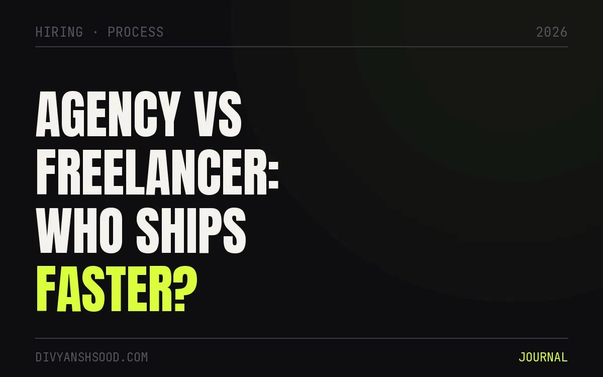 Title card reading “Agency vs freelancer: who ships faster?” in bold type on a near-black background