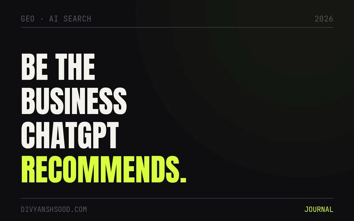 Title card reading “Be the business ChatGPT recommends” in bold type on a near-black background