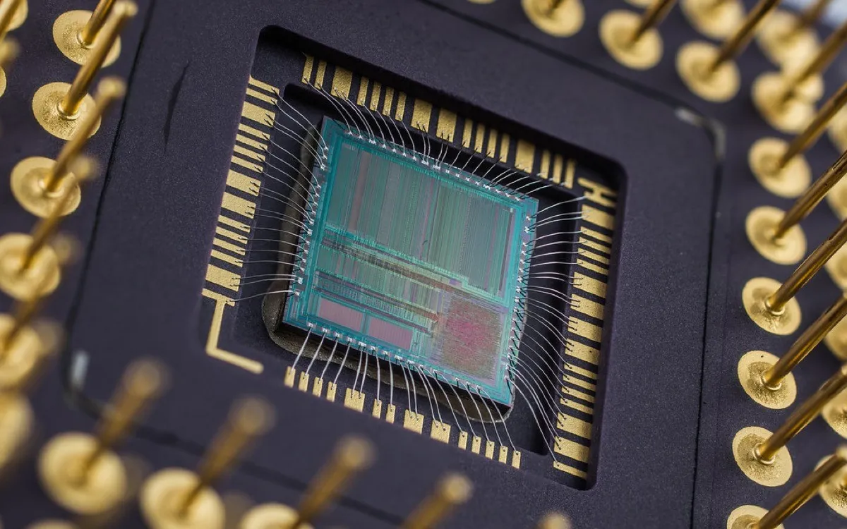 Close-up of a gold-pinned silicon chip on a circuit board