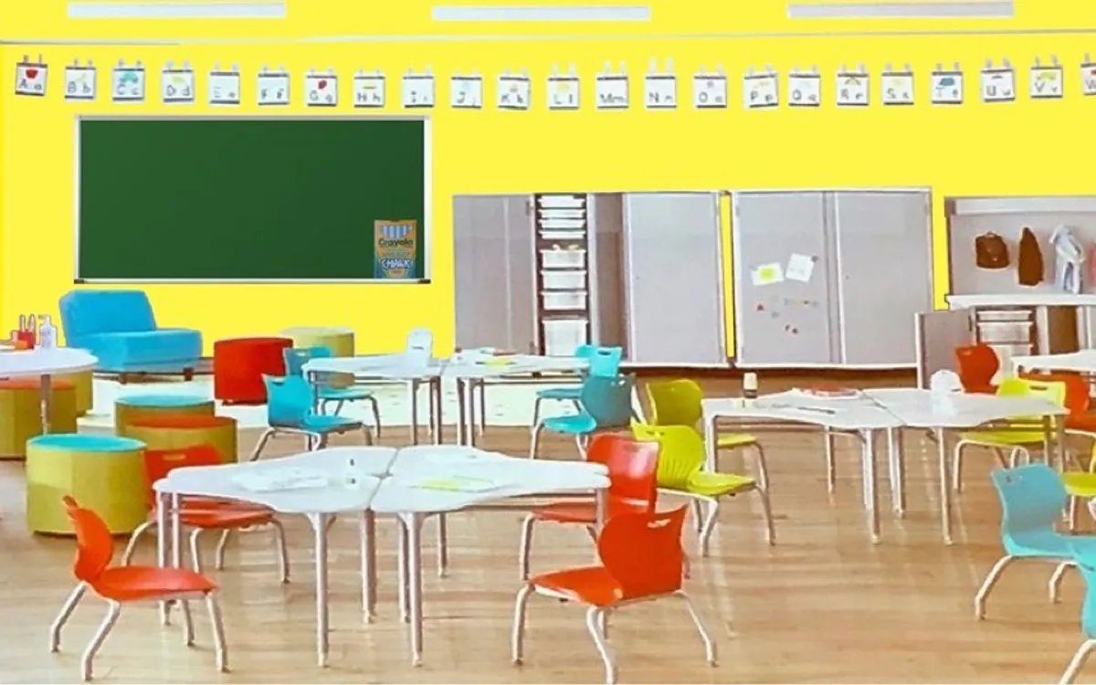 A bright yellow primary classroom with a green chalkboard and colourful chairs