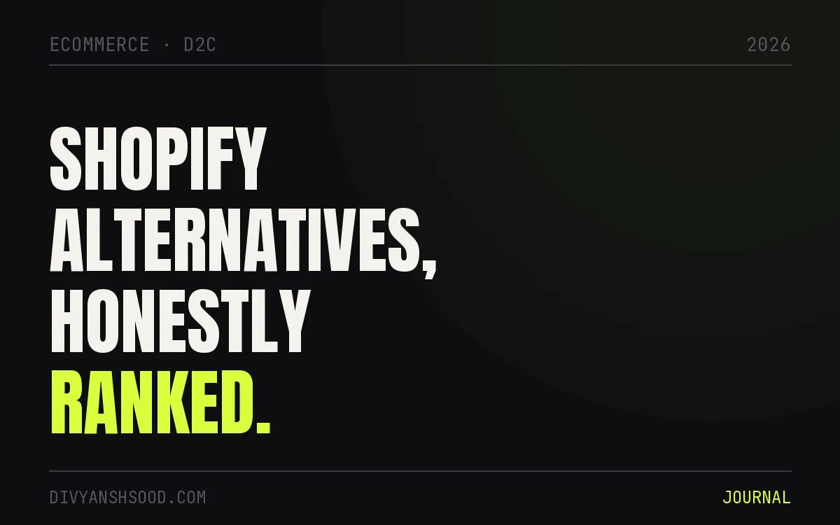 Title card reading “Shopify alternatives, honestly ranked” in bold type on a near-black background
