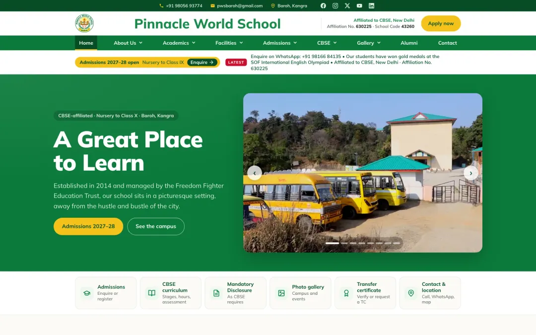 Pinnacle World School — homepage with admissions banner and campus carousel