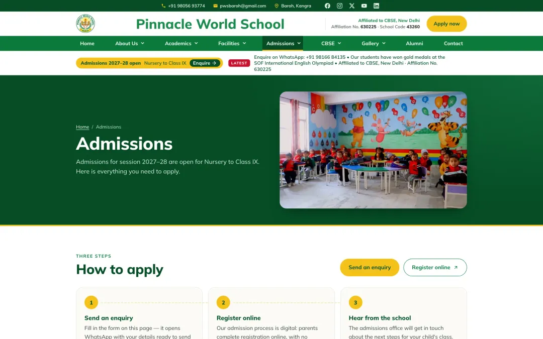 Pinnacle World School — admissions page with the three-step apply process