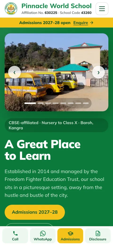 Pinnacle World School homepage on a phone, with the four-action bottom bar