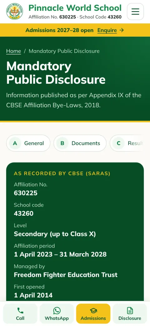 Pinnacle World School Mandatory Public Disclosure page on a phone