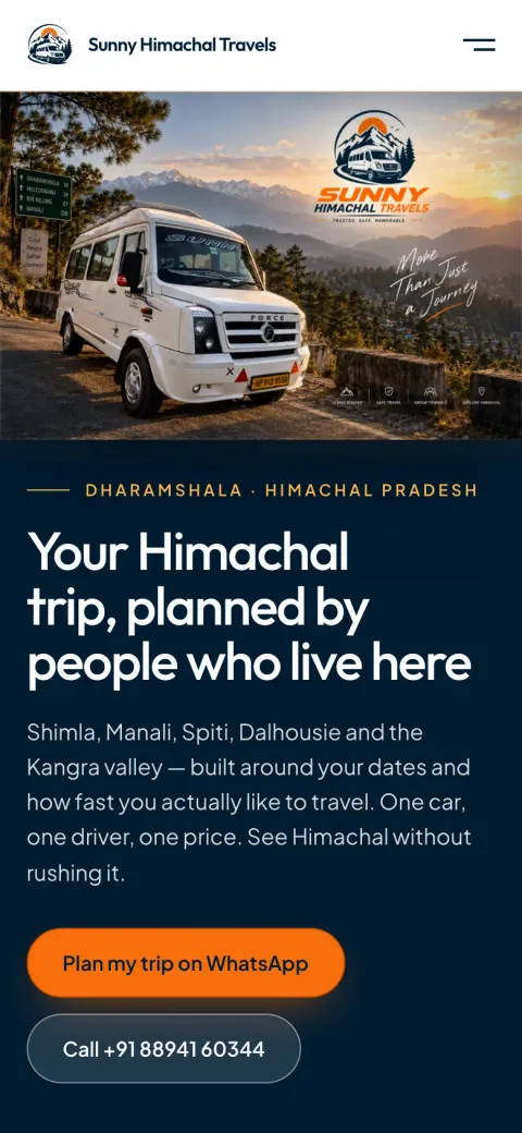 Sunny Himachal Travels homepage on a phone