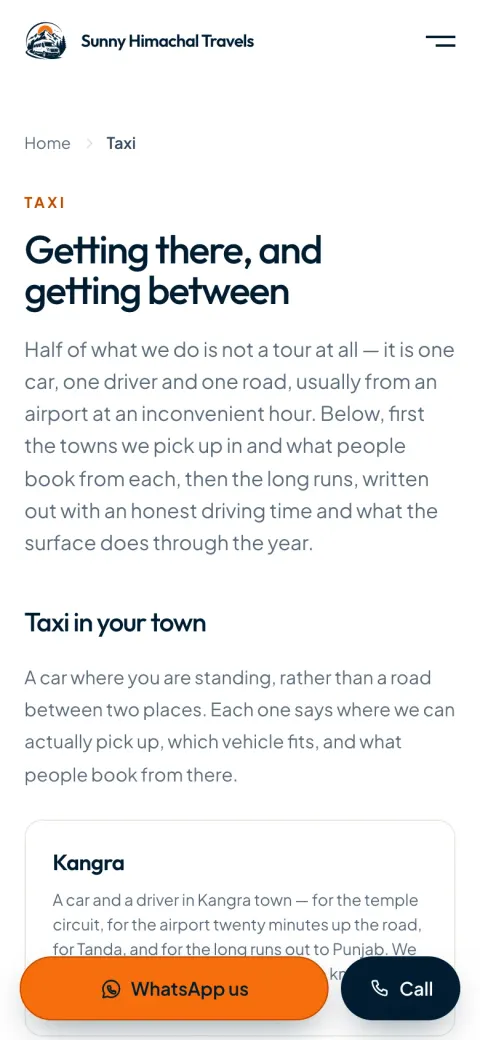 Sunny Himachal Travels taxi page on a phone, with the sticky WhatsApp and Call bar
