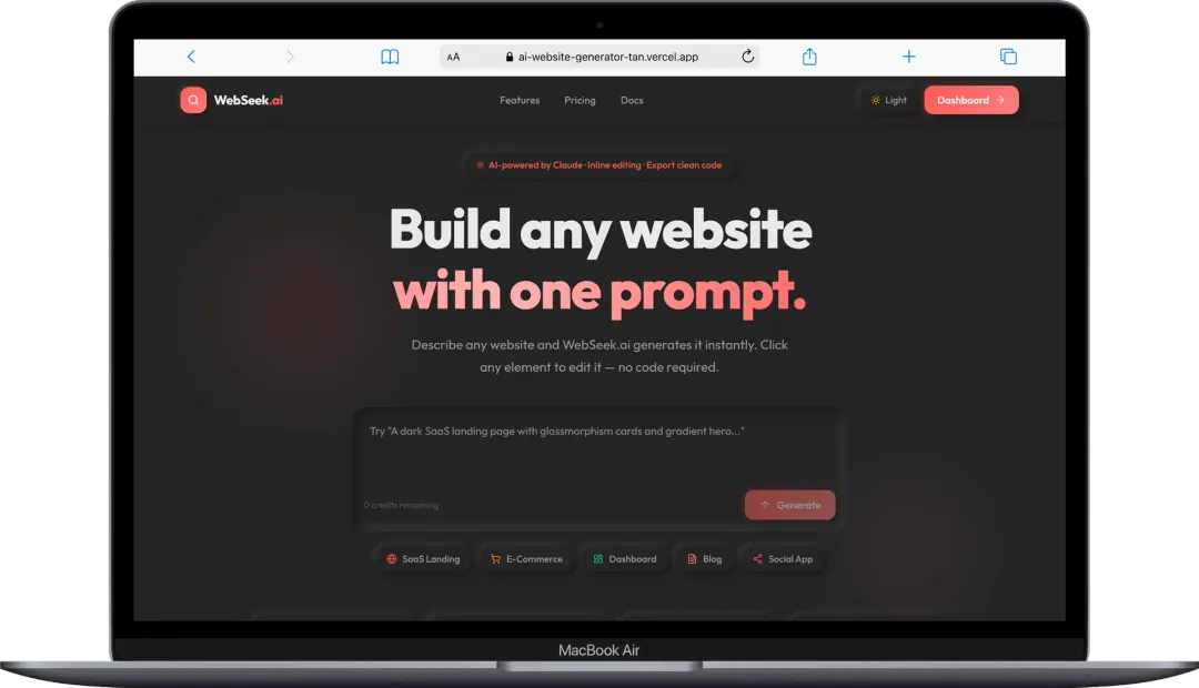 WebSeek.ai — choosing a model before generating a site