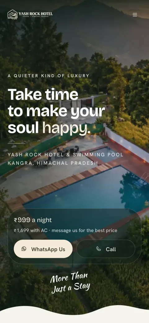 Yash Rock Hotel homepage on a phone with WhatsApp and Call buttons